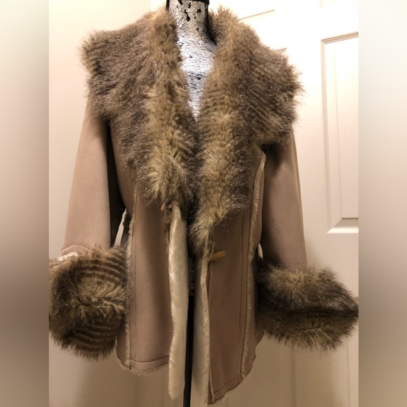 Sheep Shearling & Raccoon “Faux” 3/4 Length Jacket Beige/Brown/Cream by S Chang - Picture 1 of 12